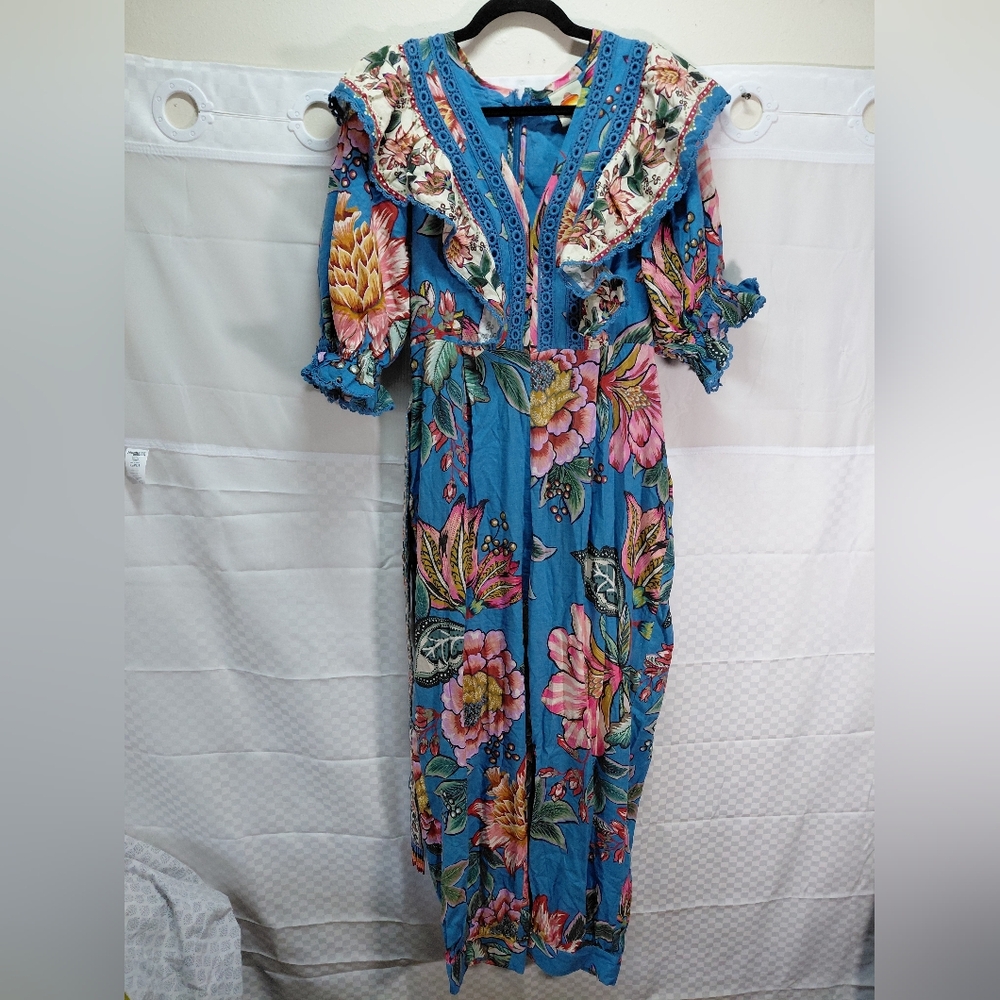 Blue Floral Jumpsuit  with Ruffle V-Neck